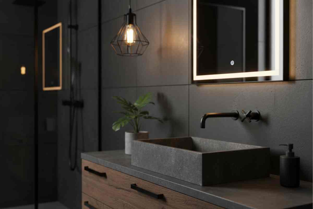 rubinetto finitura nera in un bagno scuro