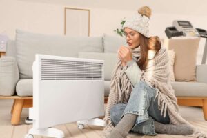 Una donna che sente freddo in casa e ha abiti invernali e sta vicino ad una stufa