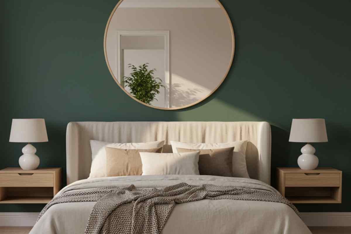 camera da letto con specchio tondo e parete verde bosco