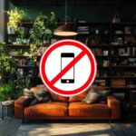 stanza di casa con libreria, divano e in primo piano un divieto di usare telefono