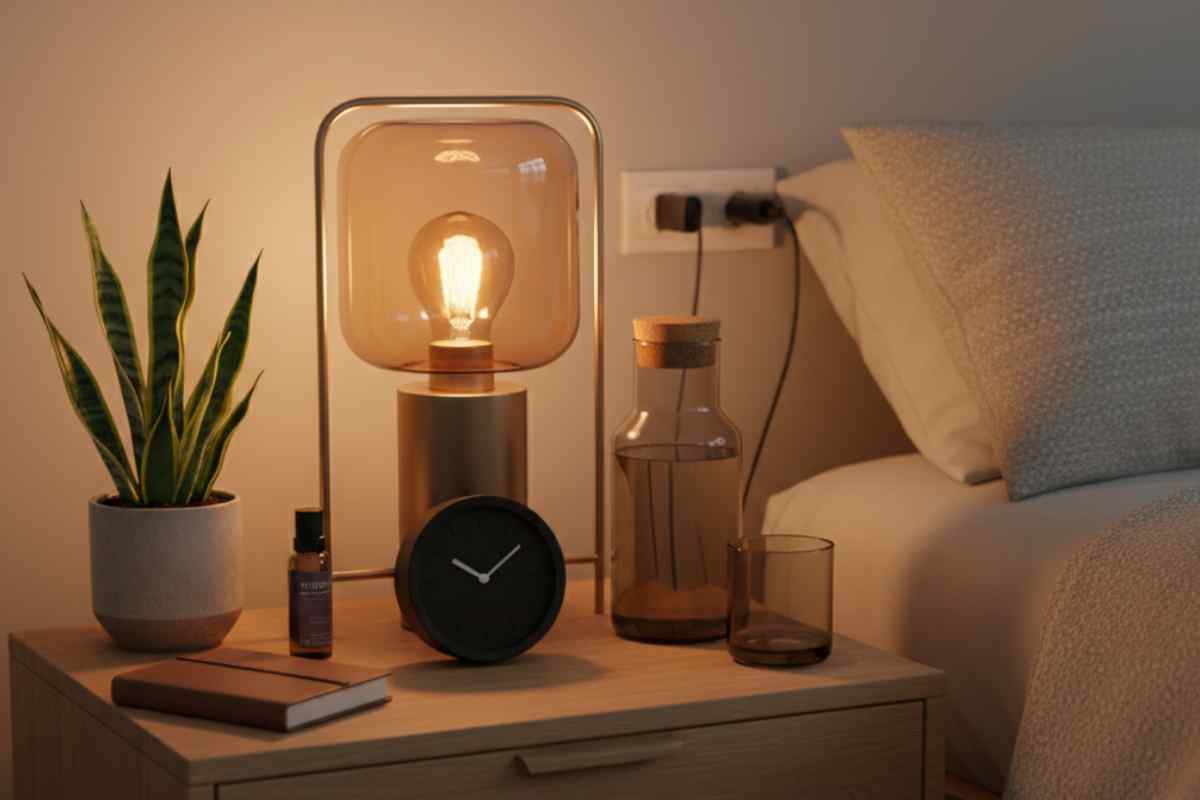 comodino con sopra pianta, sveglia e borraccia