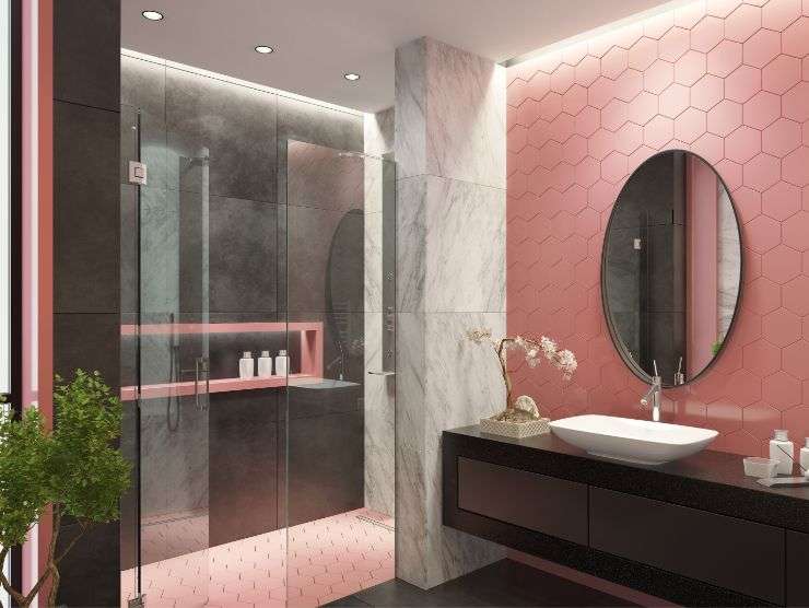 bagno contemporaneo con rivestimenti rosa