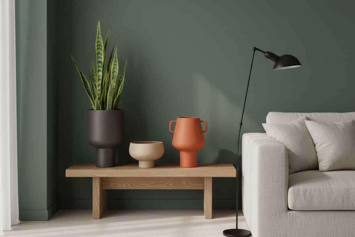 salotto con parete verde bosco, divano beige e vasi di terracotta di diversi colori