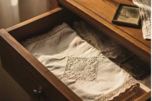 cassetto aperto e si intravvede una tovaglia di lino ricamata