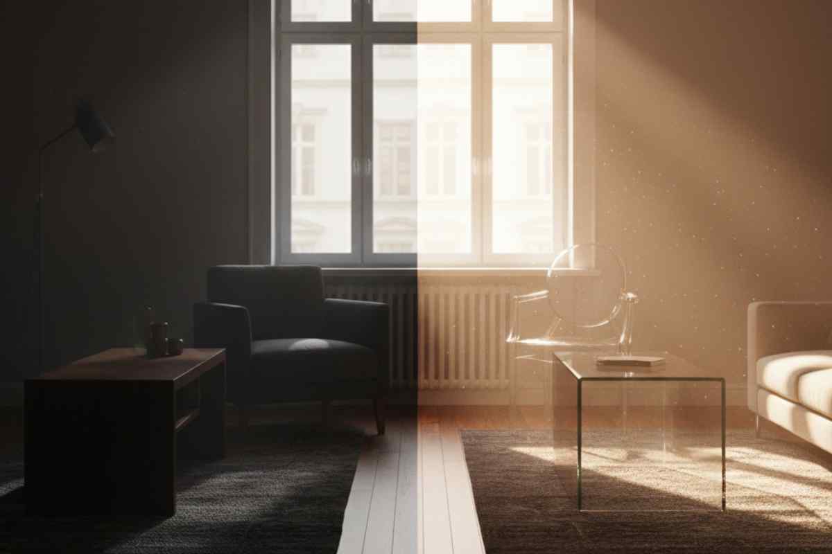 salotto prima e dopo con aggiunta di elementi trasparenti