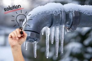 mano con lampadina e scritta idea, sullo sfondo una tubatura ghiacciata