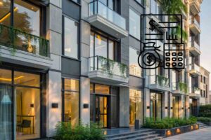 Un condominio ed in alto a destra una grafica di documenti e soldi