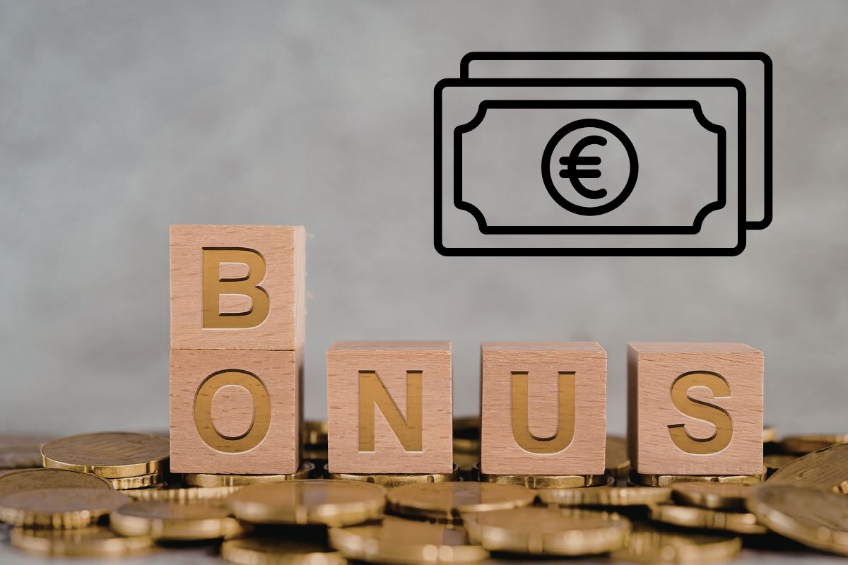 Dei dadi che compongono la scritta bonus su delle monete ed una grafica in alto a destra