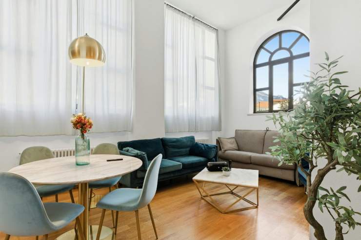 Un salone ben illuminato grande e con una pianta