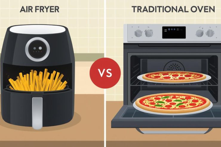 Sulla sinistra una friggitrice ad aria e sulla destra un forno con al centro una grafica "VS"