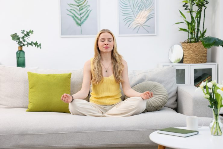 Una persona che medita sul divano del salone