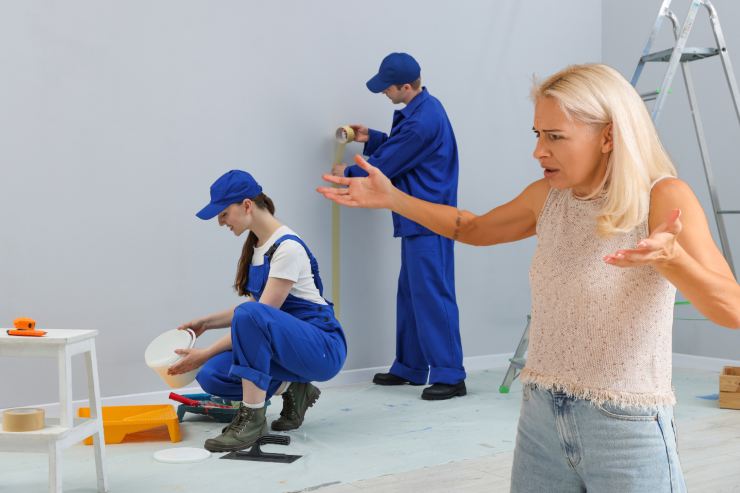 Degli operaio che lavorano ed una donna sulla destra che si lamenta