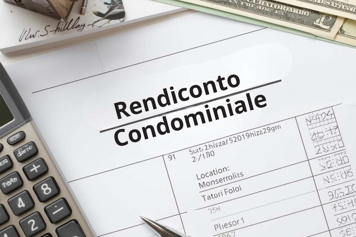 Un rendiconto condominiale con sopra calcolatrice, soldi e penna