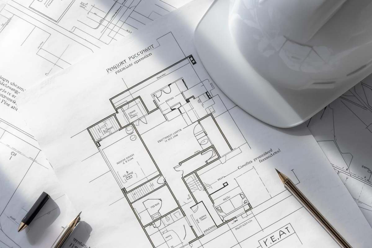 Una planimetria con sopra penna e elmetto