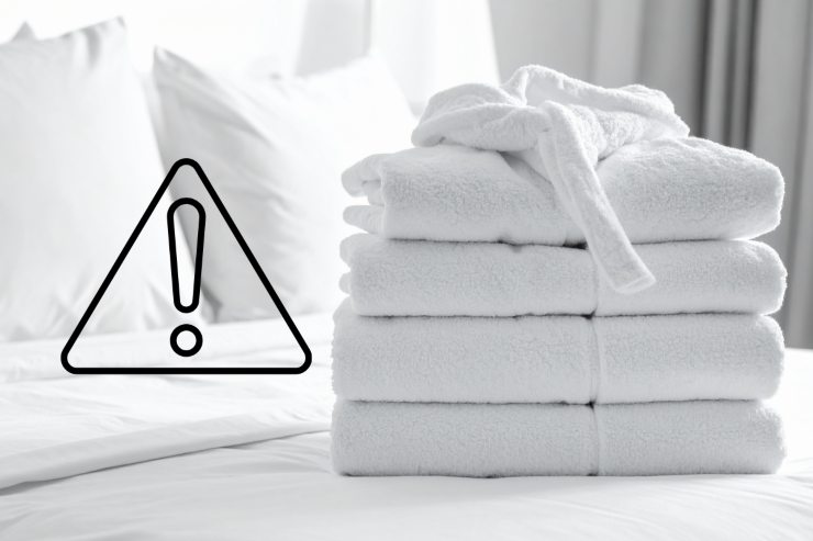 Un letto con sopra accappatoi e asciugamani piegati e sulla sinistra un segnale di pericolo
