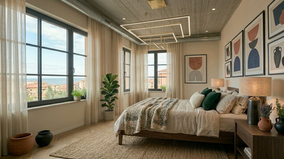 camera da letto sui toni del sabbia con tende a tutta altezza , tappeti materici e lampade