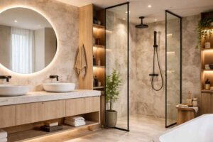 bagno sui toni chiari con molti punti luce led