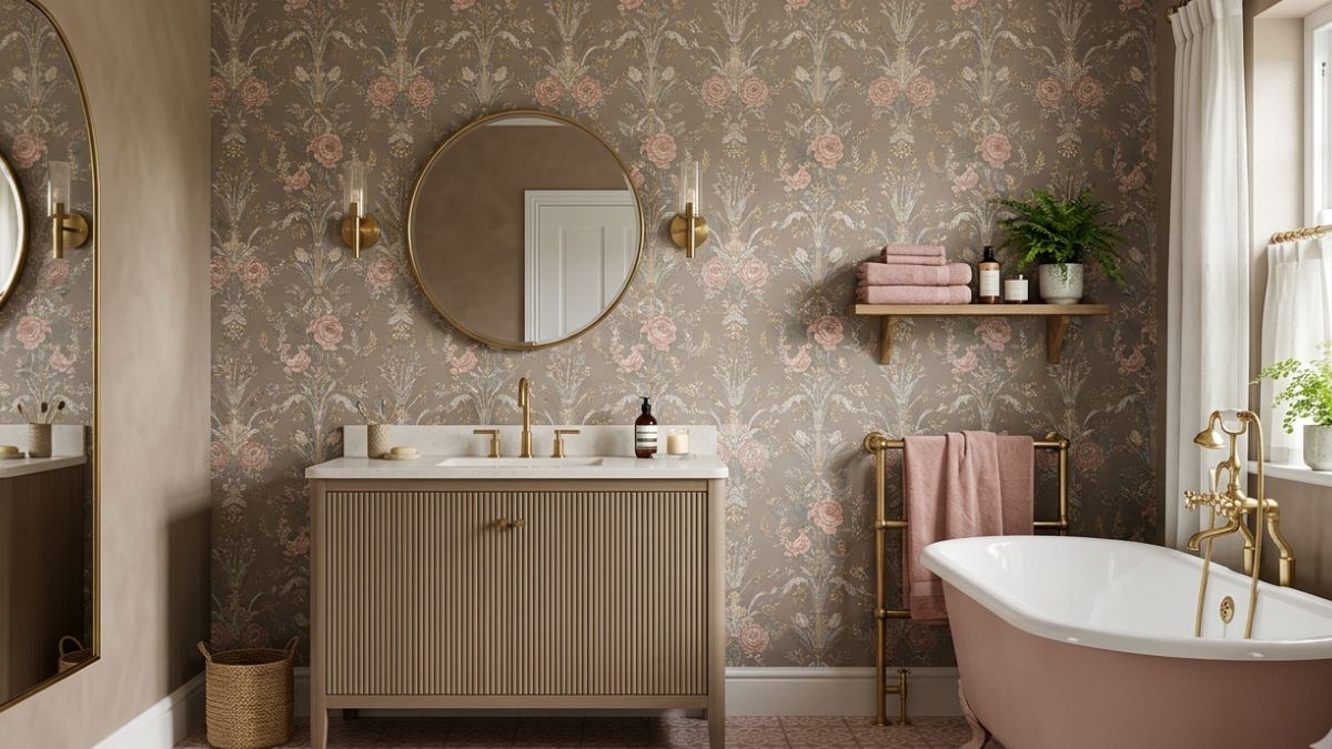 bagno tortora e rosa antico con carta da parati