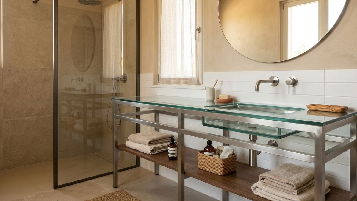 bagno in vetro ed acciaio inossidabile