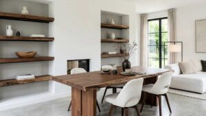 Dettagli in legno massiccio per spezzare il bianco: il segreto di un living minimalista ma vivo.