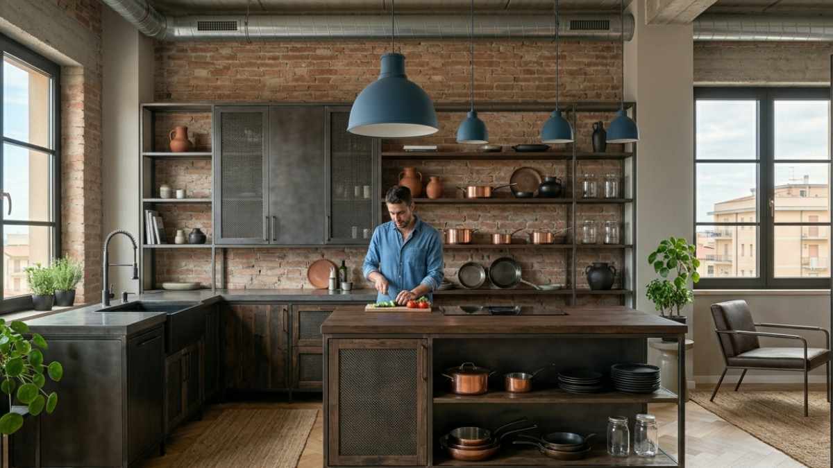 cucina industrial con dettagli blu balena
