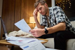 Una persona preoccupata mentre legge le bollette