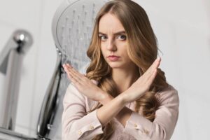 doccia sullo sfondo e donna che fa segno di no con le mani