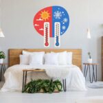 Una stanza da letto con sopra due termometri che segnano uno una temperatura calda ed una fredda