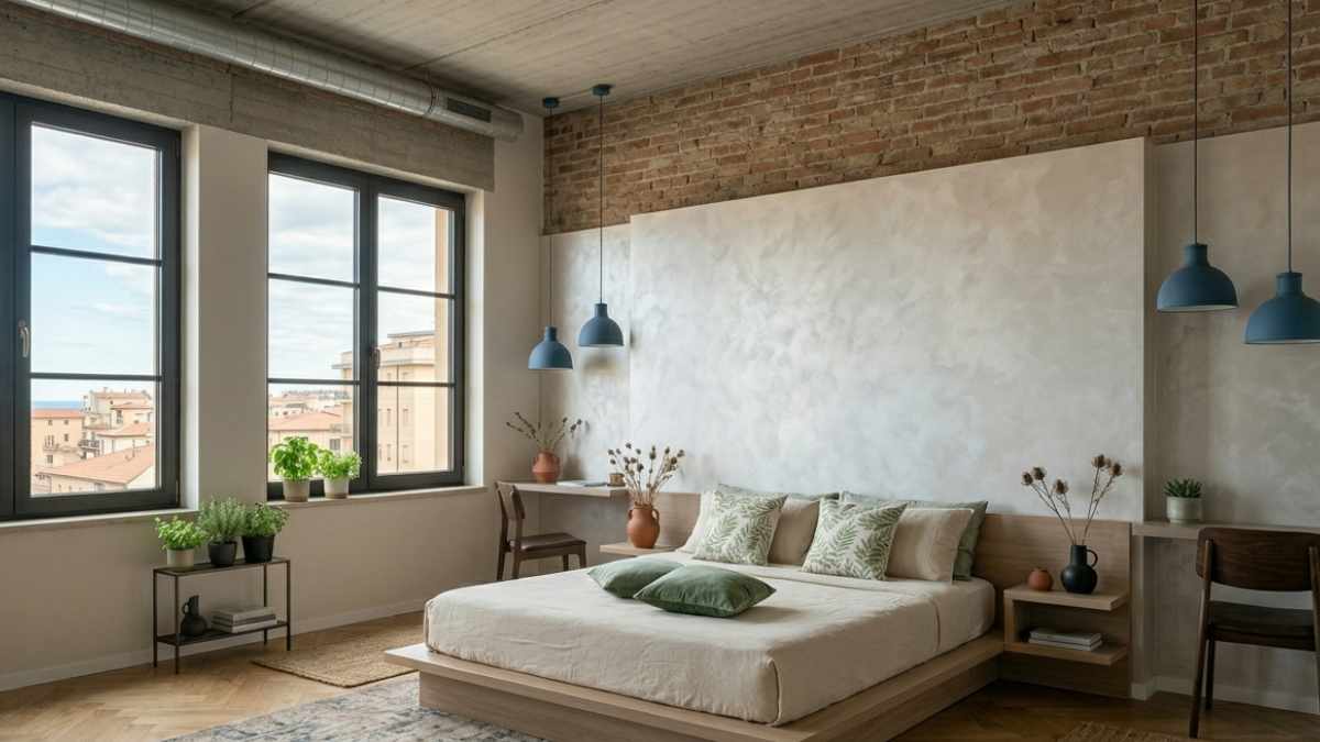 camera da letto japandi con parete grigio perla metallizzato