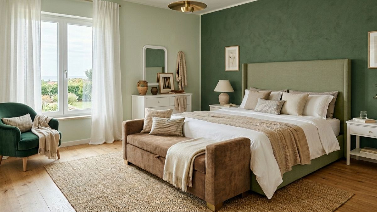 camera salvia con mobili bianchi con cassapanca ai piedi del letto