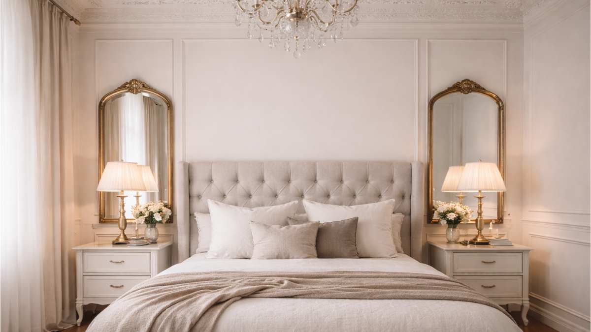 camera da letto con specchi e lampade