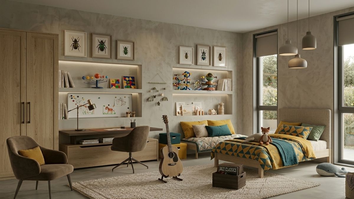 cameretta ragazzo legno chiaro e pareti neutre