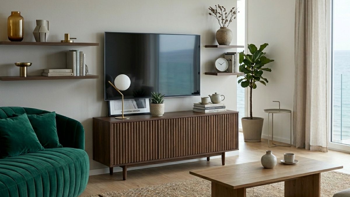 mobile cannettato in un salotto con divano verde smeraldo