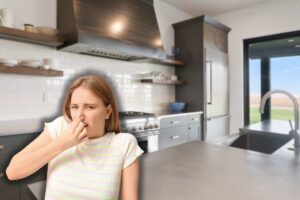 cucina con cappa e donna che sente cattivi odori