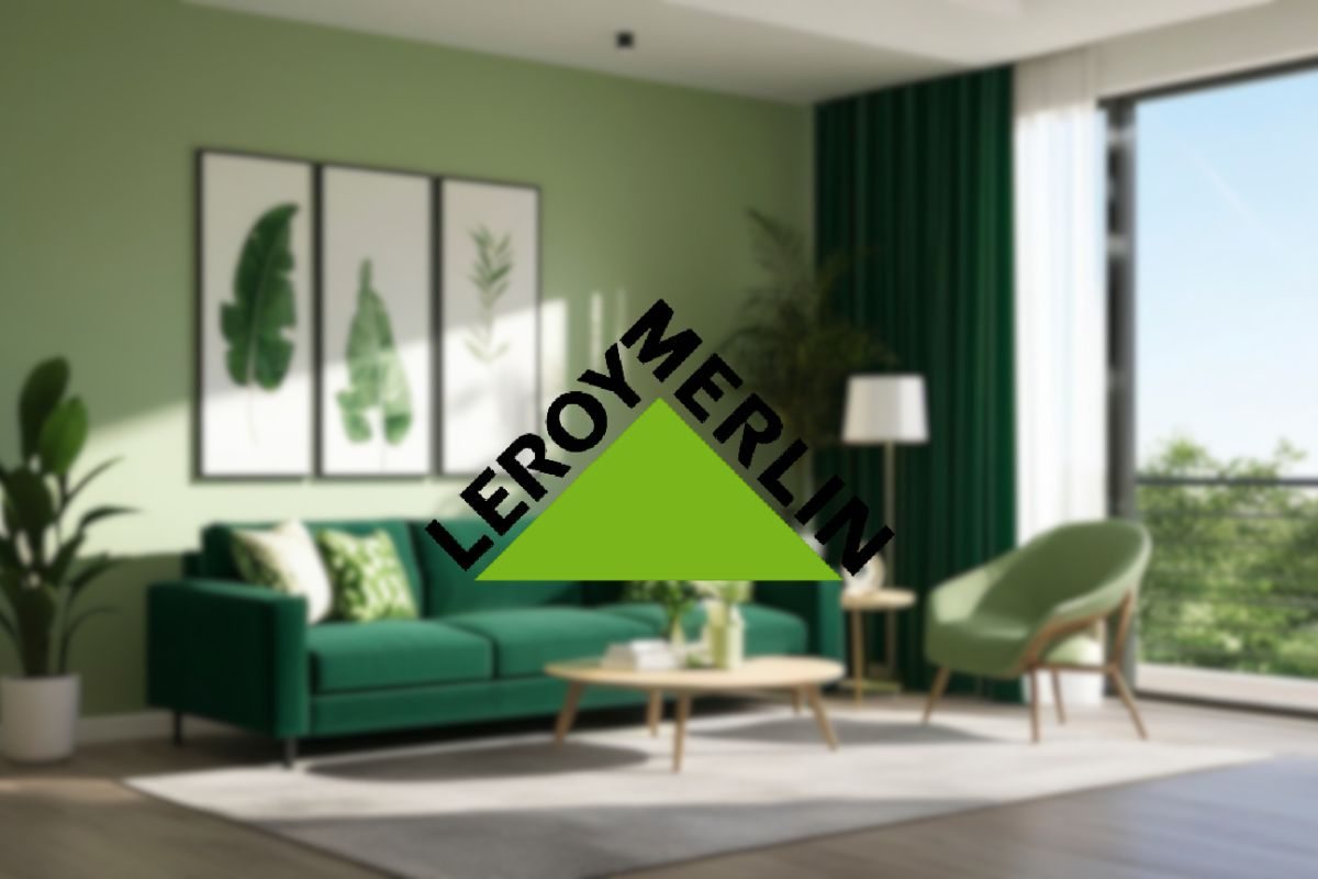 soggiorno moderno di colore verde e logo di leroy merlin