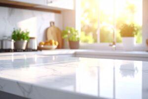 cucina luminosa in cui si vede un piano di lavoro in marmo