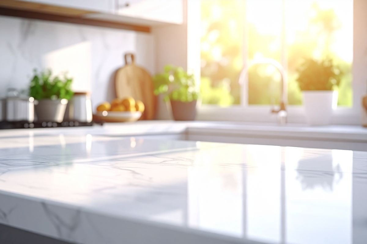 cucina luminosa in cui si vede un piano di lavoro in marmo