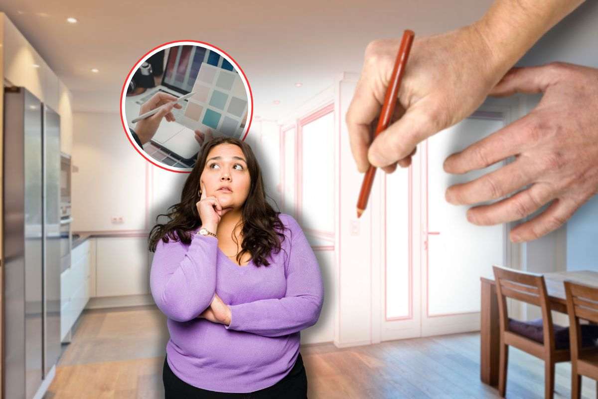 cucina in ristrutturazione, donna che pensa e tavolozza di colori in icona rossa