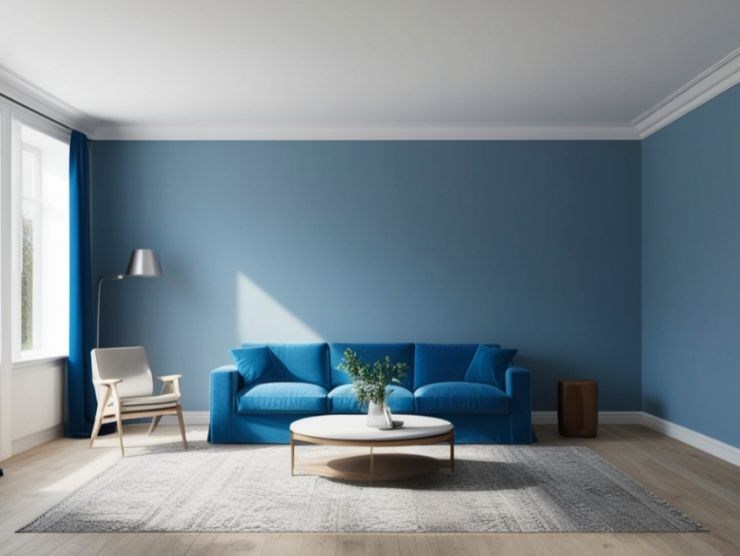 soggiorno minimalista con parete e divano blu