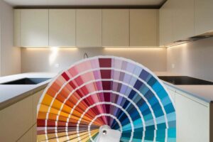 sfondo in cui si vede una cucina moderna e palette di colori