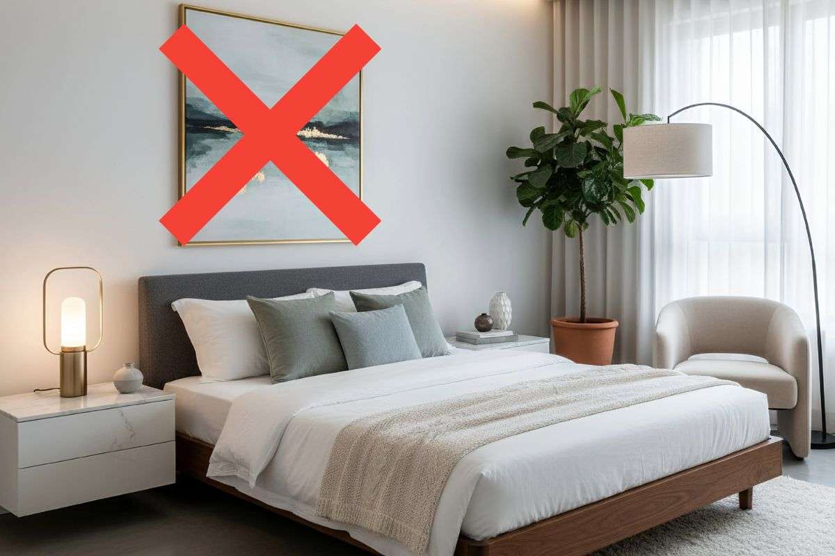 camera da letto ed x rossa su quadro sulla parete dietro al letto