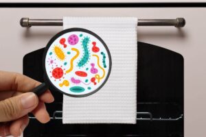 strofinaccio appeso al forno e lente d'ingrandimento che individua batteri