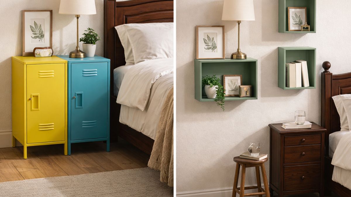 comodini alternativi in alluminio colorato e scaffali piccoli