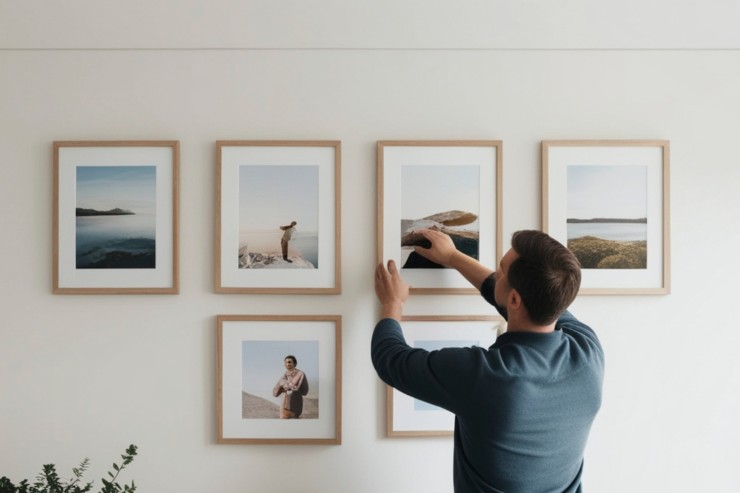 Una persona che sistema dei quadri sul muro