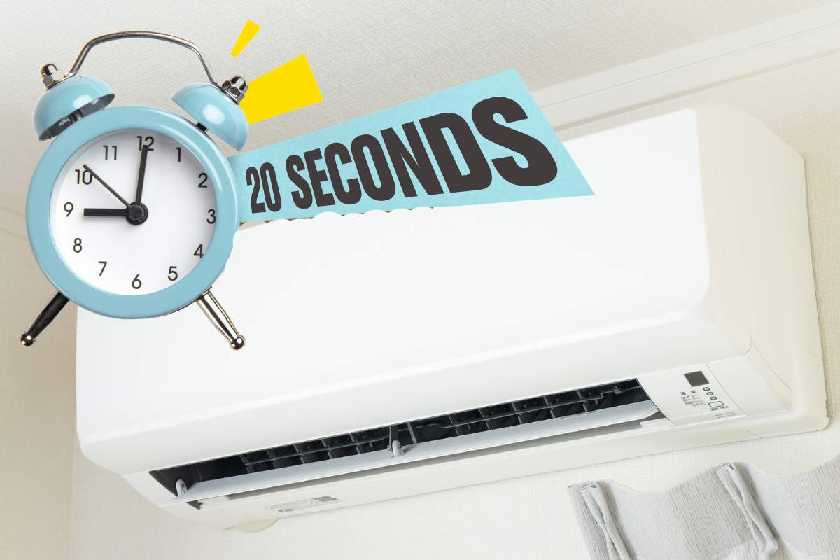 condizionatore a parete con sveglia e scritta 20 secondi