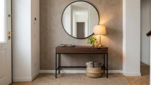 consolle di legno scuro all'ingresso