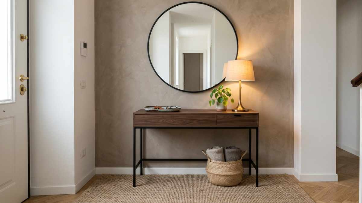 consolle di legno scuro all'ingresso