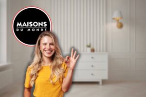 credenza, logo maisons du monde e donna che fa ok con le mani