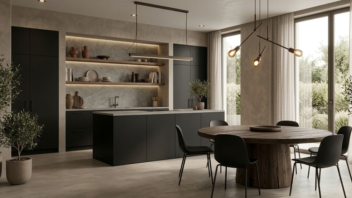 cucina japandi con pareti grigie e arredamento nero