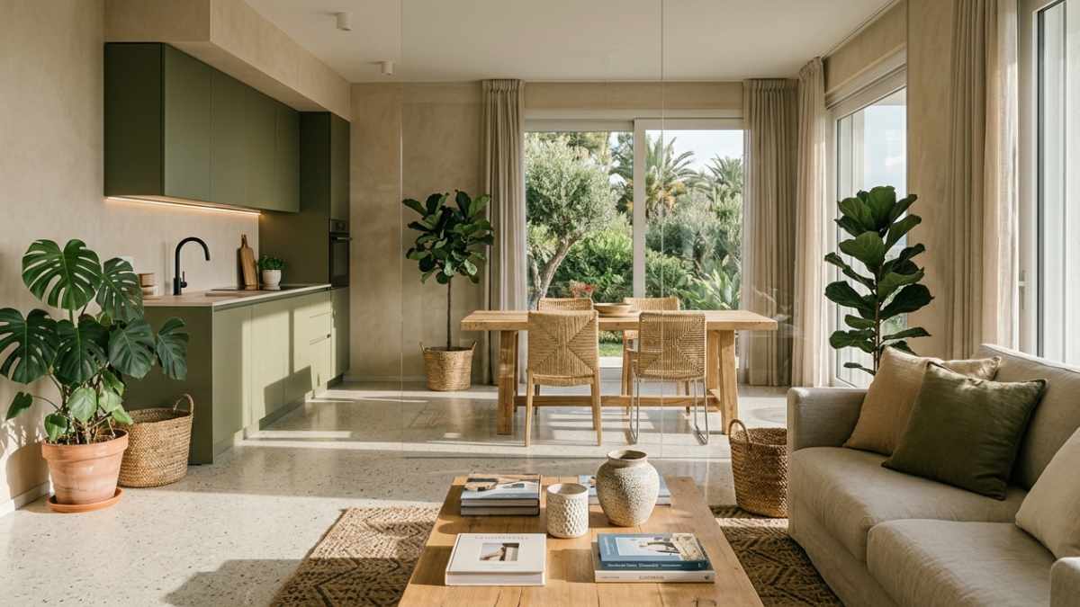 open space cucina verde salvia e tavolo in legno chiaro con salotto adiacente